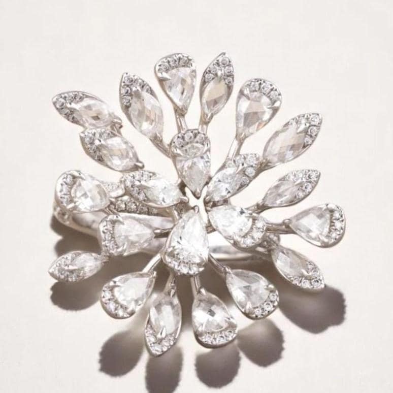 Peacock Feather Diamond Ring, 14k Solid Gold, Rosecut Natural Diamonds, Cocktail Statement Ring, Bold Cluster Ring, Gift For Her