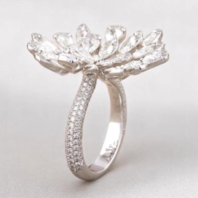 Peacock Feather Diamond Ring, 14k Solid Gold, Rosecut Natural Diamonds, Cocktail Statement Ring, Bold Cluster Ring, Gift For Her