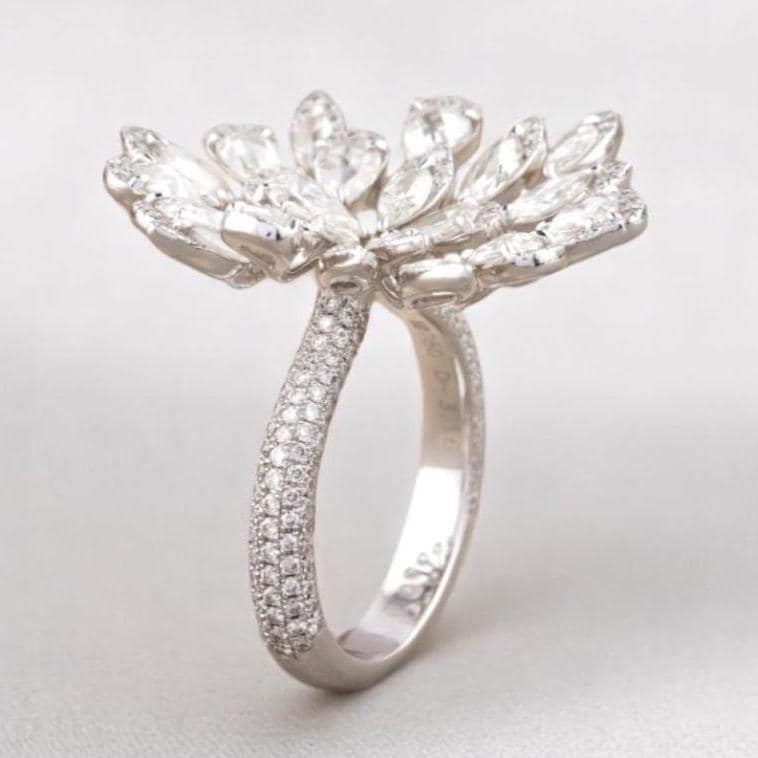 Peacock Feather Diamond Ring, 14k Solid Gold, Rosecut Natural Diamonds, Cocktail Statement Ring, Bold Cluster Ring, Gift For Her