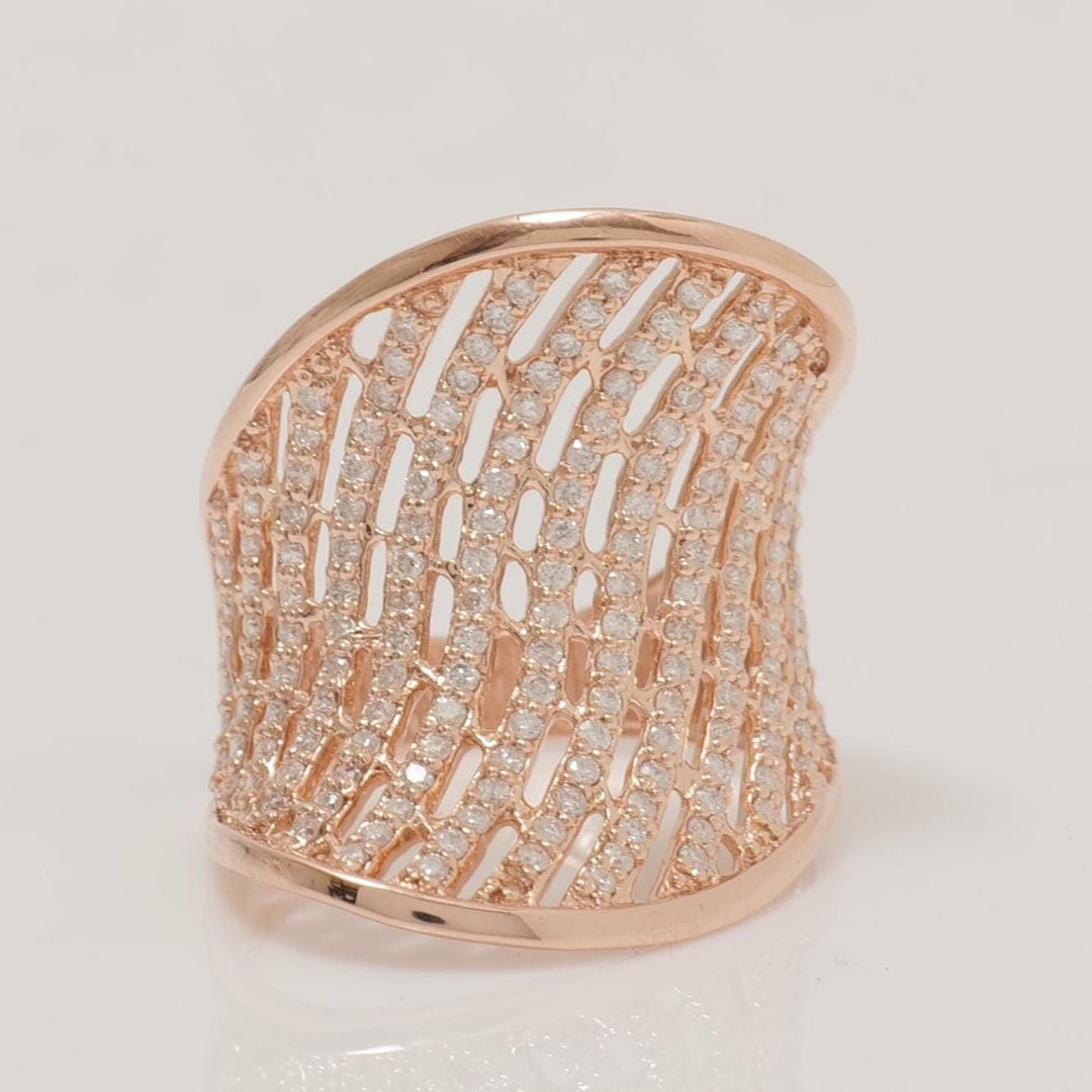 Wide Diamond Ring, 14K Solid Gold, Natural Diamonds, Bold Statement Ring, Net Pattern Diamond Ring, Full Finger Ring, Gift For Her