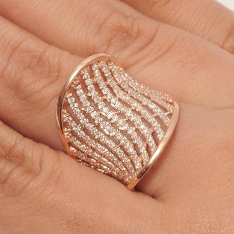 Wide Diamond Ring, 14K Solid Gold, Natural Diamonds, Bold Statement Ring, Net Pattern Diamond Ring, Full Finger Ring, Gift For Her
