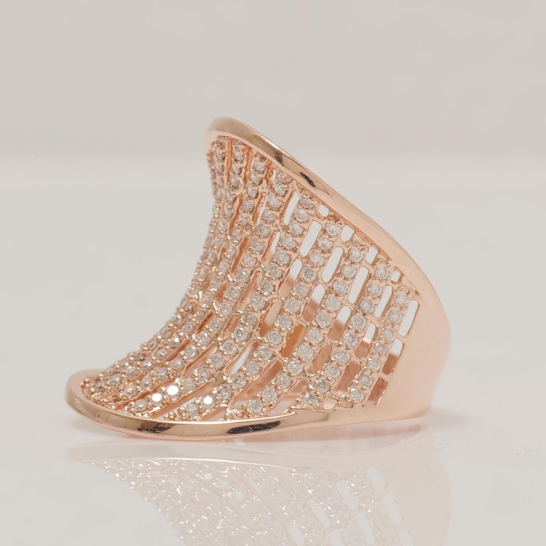 Wide Diamond Ring, 14K Solid Gold, Natural Diamonds, Bold Statement Ring, Net Pattern Diamond Ring, Full Finger Ring, Gift For Her