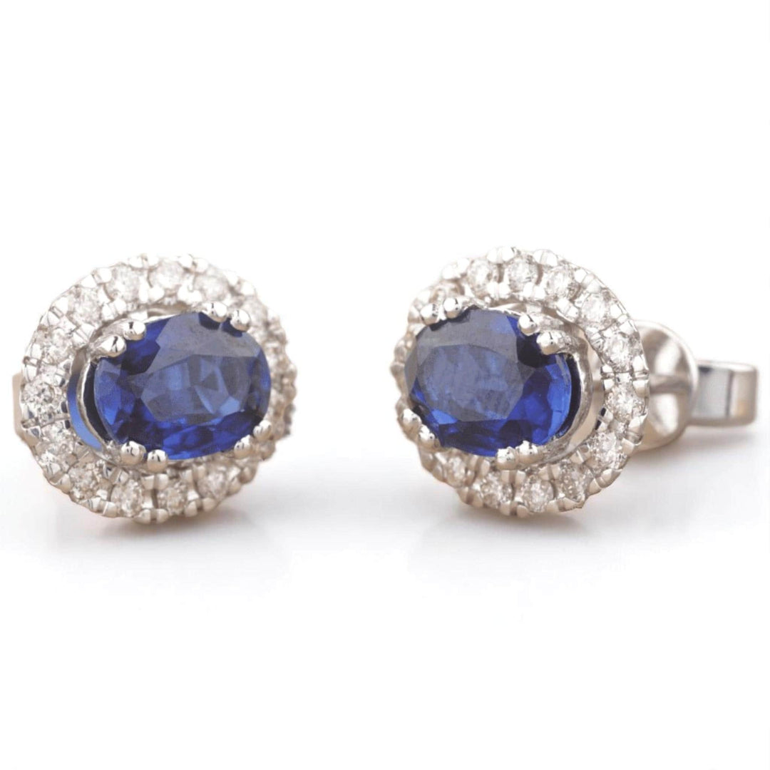 Oval Blue Sapphires Halo Diamond Earrings, 14K Solid Gold, Natural Diamonds, Gemstone Everyday Studs, Bridal Wedding Jewelry