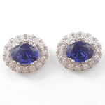 Load image into Gallery viewer, Oval Blue Sapphires Halo Diamond Earrings, 14K Solid Gold, Natural Diamonds, Gemstone Everyday Studs, Bridal Wedding Jewelry
