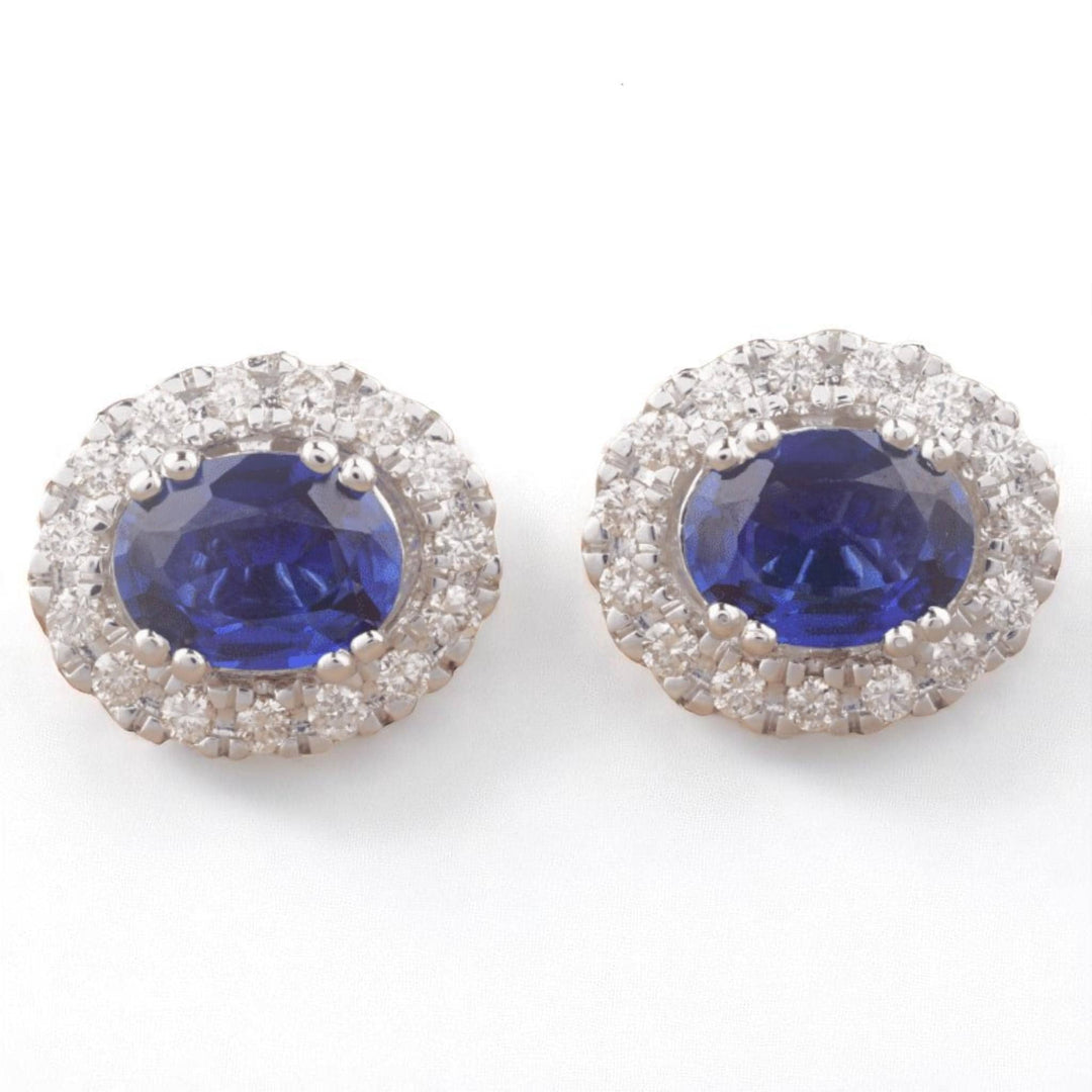 Oval Blue Sapphires Halo Diamond Earrings, 14K Solid Gold, Natural Diamonds, Gemstone Everyday Studs, Bridal Wedding Jewelry
