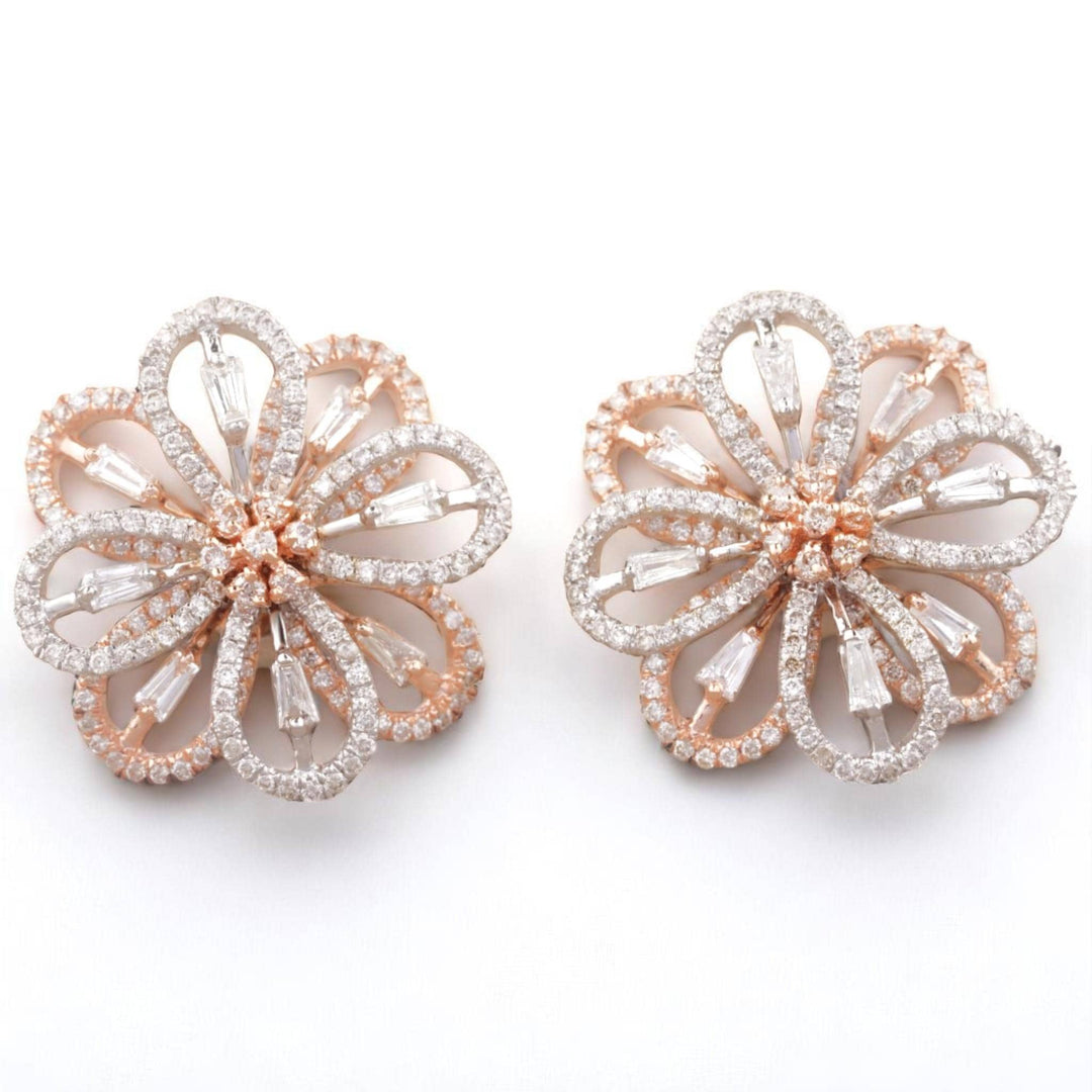 Flower Diamond Stud Earrings, 14k Solid Gold, Natural Diamonds, Fancy Dual Tone Studs, Cocktail Statement Jewelry, Baguette Petal Jewelry