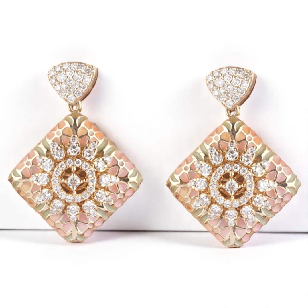 Floral Diamond Dangle Earrings, 14k Solid Gold, Natural Diamonds, Honeycomb Square Enamel Drops, Cocktail Statement Jewelry