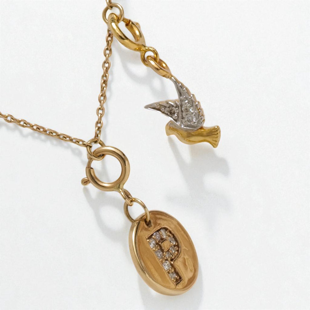 Personalized Initial Bird Charm Diamond Necklace, 14k Solid Gold, Natural Diamonds, Stacking Two Charm Necklace, Minimalist Everyday Jewelry