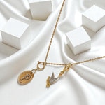 Load image into Gallery viewer, Personalized Initial Bird Charm Diamond Necklace, 14k Solid Gold, Natural Diamonds, Stacking Two Charm Necklace, Minimalist Everyday Jewelry
