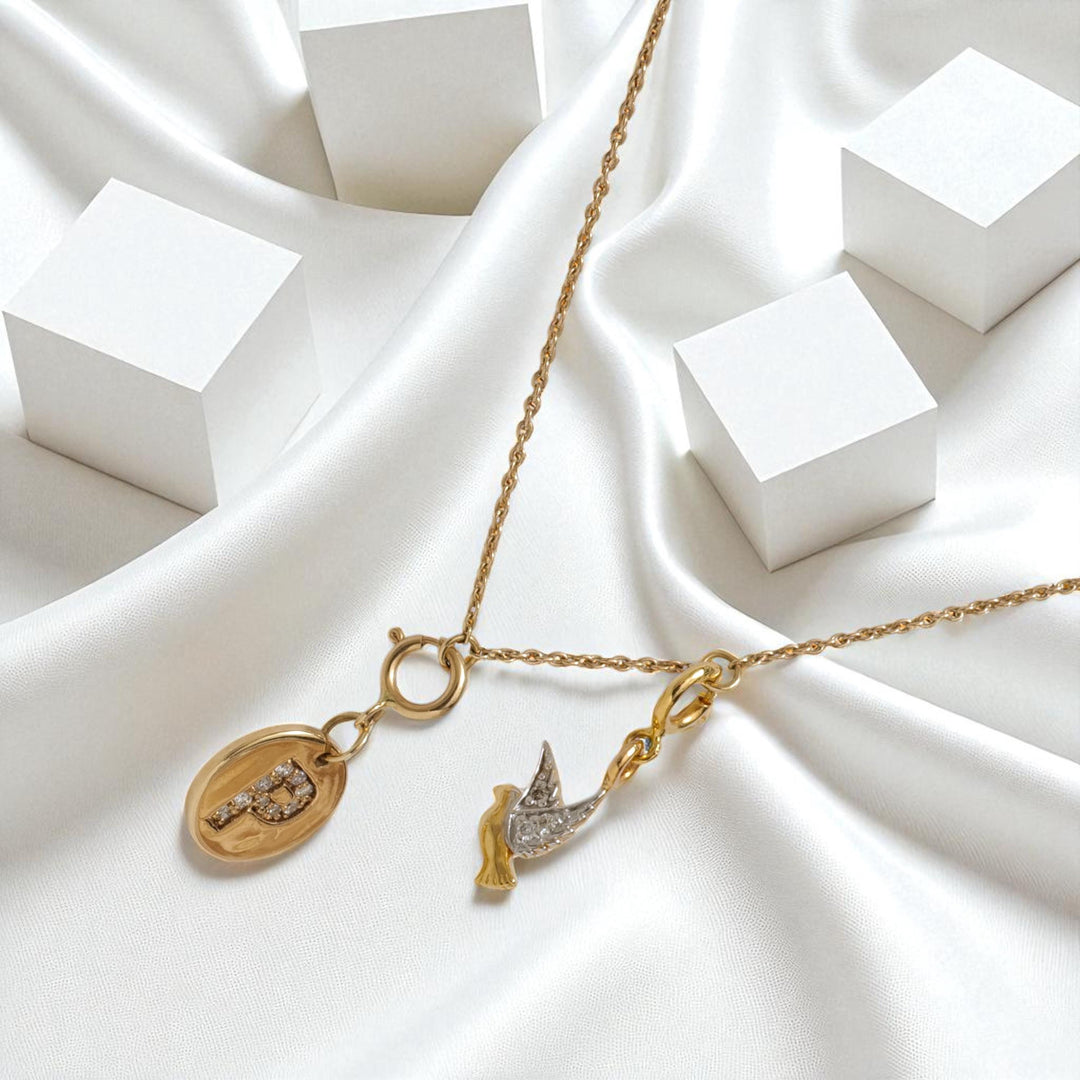 Personalized Initial Bird Charm Diamond Necklace, 14k Solid Gold, Natural Diamonds, Stacking Two Charm Necklace, Minimalist Everyday Jewelry