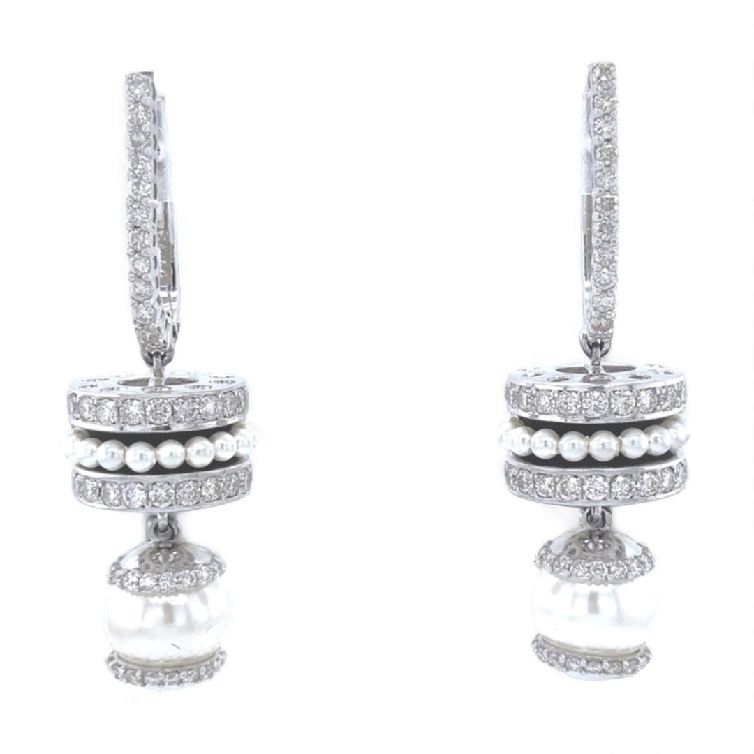 Pearl Drop Diamond Earrings, 14K Solid Gold, Natural Diamonds, Black Enamel Dangle Hoops, Cocktail Statement Earrings, Bridal Jewelry