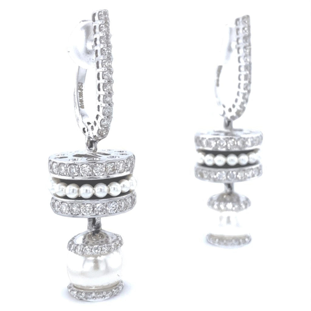 Pearl Drop Diamond Earrings, 14K Solid Gold, Natural Diamonds, Black Enamel Dangle Hoops, Cocktail Statement Earrings, Bridal Jewelry