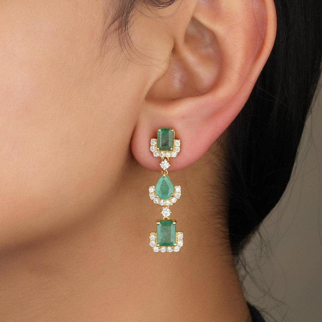 Emerald Dangle Drop Diamond Earrings, 14k Solid Gold, Natural Diamonds, Pear & Emerald Cut Gemstone Earrings, Cocktail Statement Jewelry