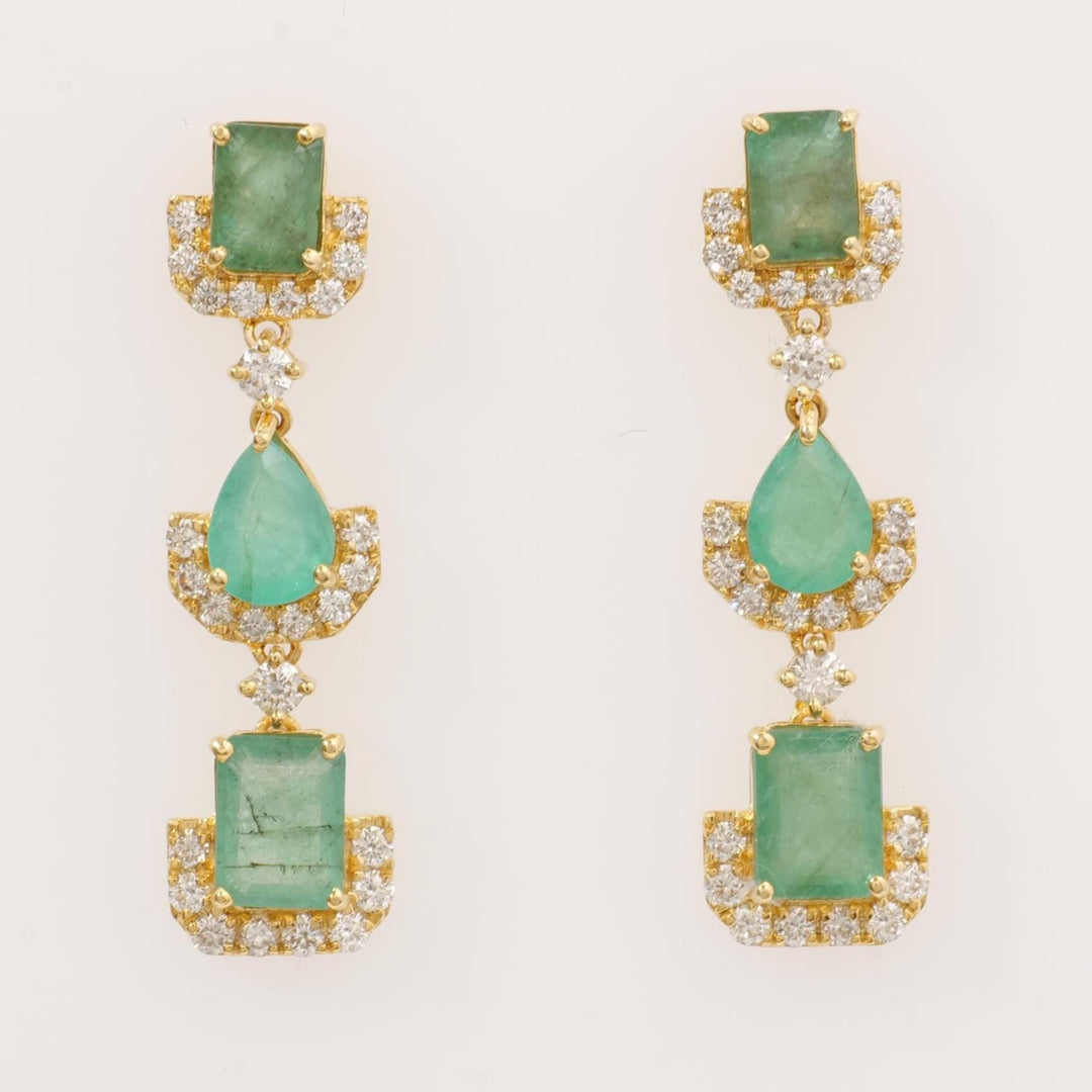 Emerald Dangle Drop Diamond Earrings, 14k Solid Gold, Natural Diamonds, Pear & Emerald Cut Gemstone Earrings, Cocktail Statement Jewelry