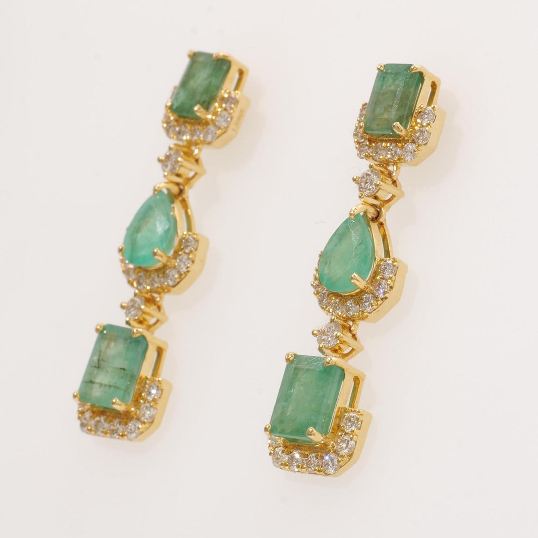 Emerald Dangle Drop Diamond Earrings, 14k Solid Gold, Natural Diamonds, Pear & Emerald Cut Gemstone Earrings, Cocktail Statement Jewelry