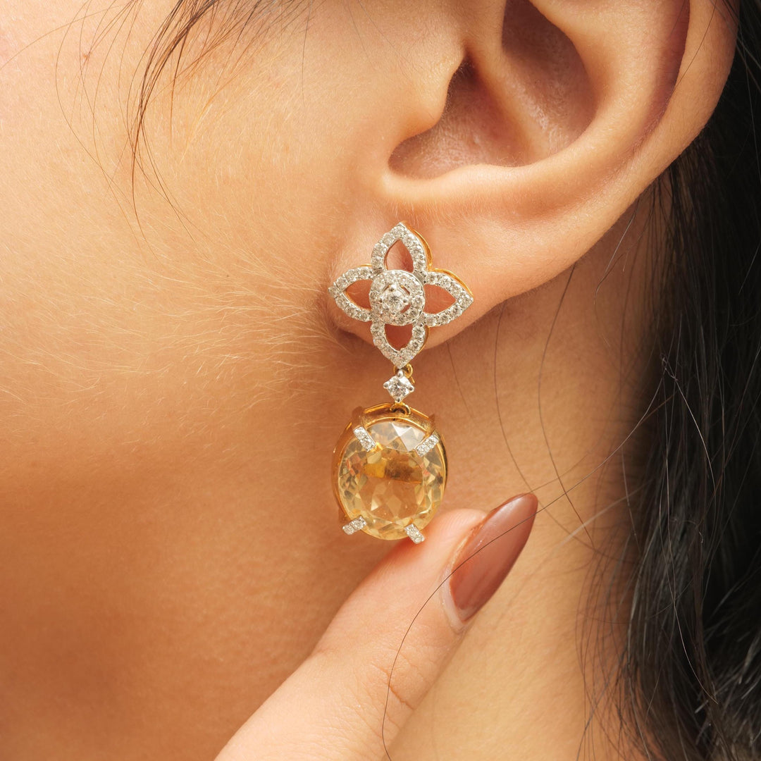 Flower Diamond Citrine Drop Earrings, 14k Solid Gold, Natural Diamonds, Oval Gemstone Cocktail Dangler, Floral Statement Cocktail Earrings