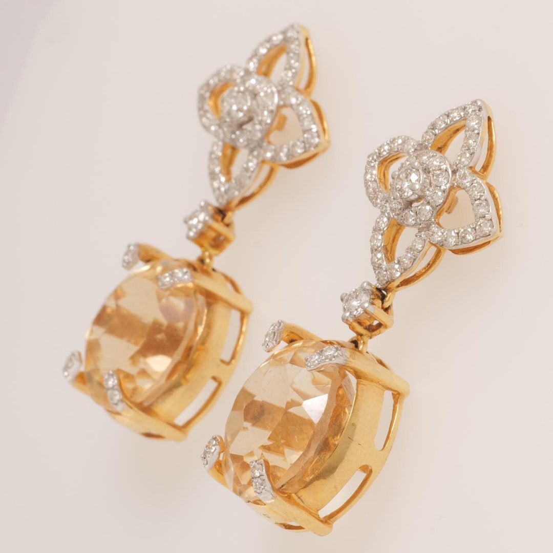 Flower Diamond Citrine Drop Earrings, 14k Solid Gold, Natural Diamonds, Oval Gemstone Cocktail Dangler, Floral Statement Cocktail Earrings