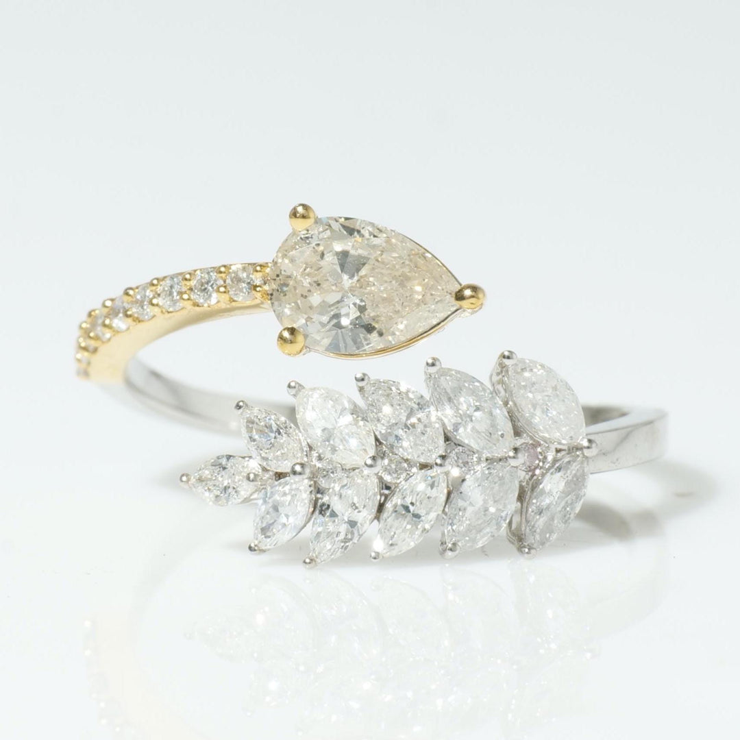 Pear Leaf Diamond Ring, 14k Solid Gold, Natural Diamonds, Cluster Split Jewelry, Open Wrap Two Tone  Band, Statement Cocktail Jewelry