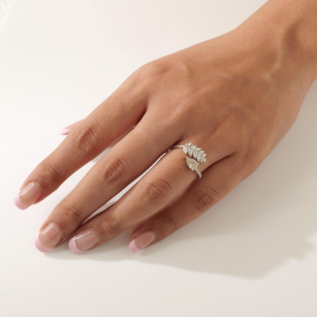 Pear Leaf Diamond Ring, 14k Solid Gold, Natural Diamonds, Cluster Split Jewelry, Open Wrap Two Tone  Band, Statement Cocktail Jewelry