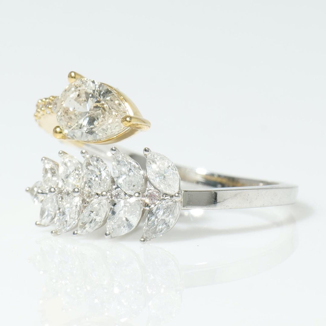 Pear Leaf Diamond Ring, 14k Solid Gold, Natural Diamonds, Cluster Split Jewelry, Open Wrap Two Tone  Band, Statement Cocktail Jewelry