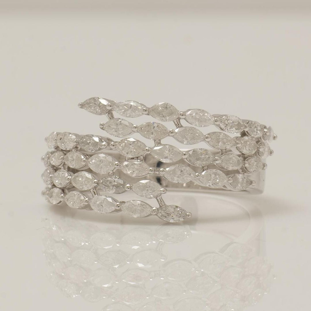 Marquise Wide Diamond  Ring, 14k Solid Gold, Natural Diamonds, Multi Row Leaf Band, Statement Cocktail Jewelry, Wrap Bridal Wedding Ring