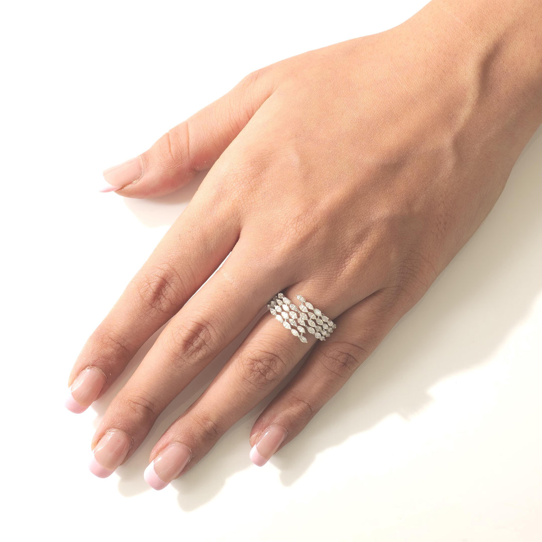 Marquise Wide Diamond  Ring, 14k Solid Gold, Natural Diamonds, Multi Row Leaf Band, Statement Cocktail Jewelry, Wrap Bridal Wedding Ring