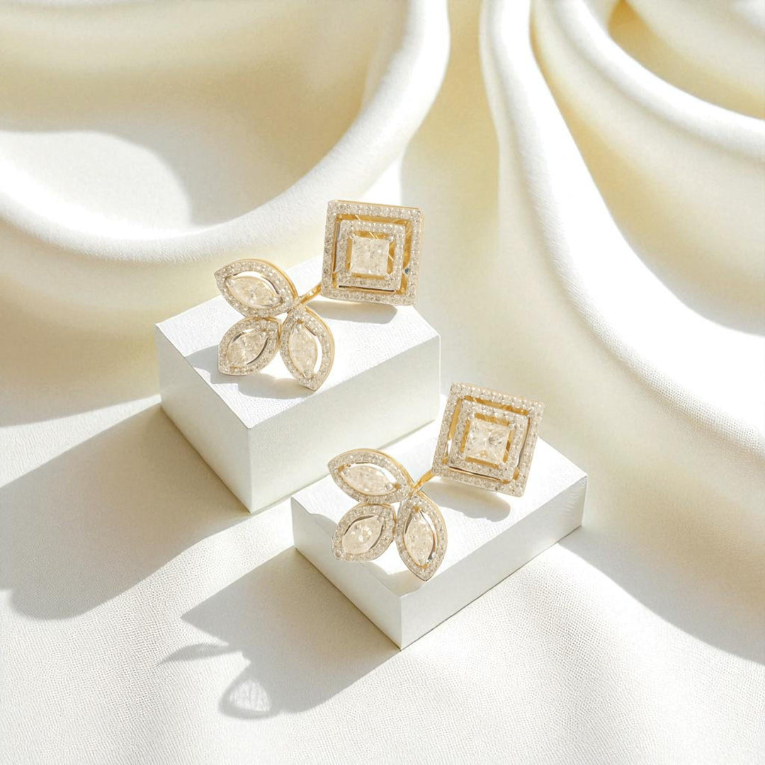 Geometric Leaf Halo Diamond Studs, 14k Solid Gold, Natural Diamonds, Princess Marquise Bridal Earrings, Statement Jewelry, Cocktail Studs