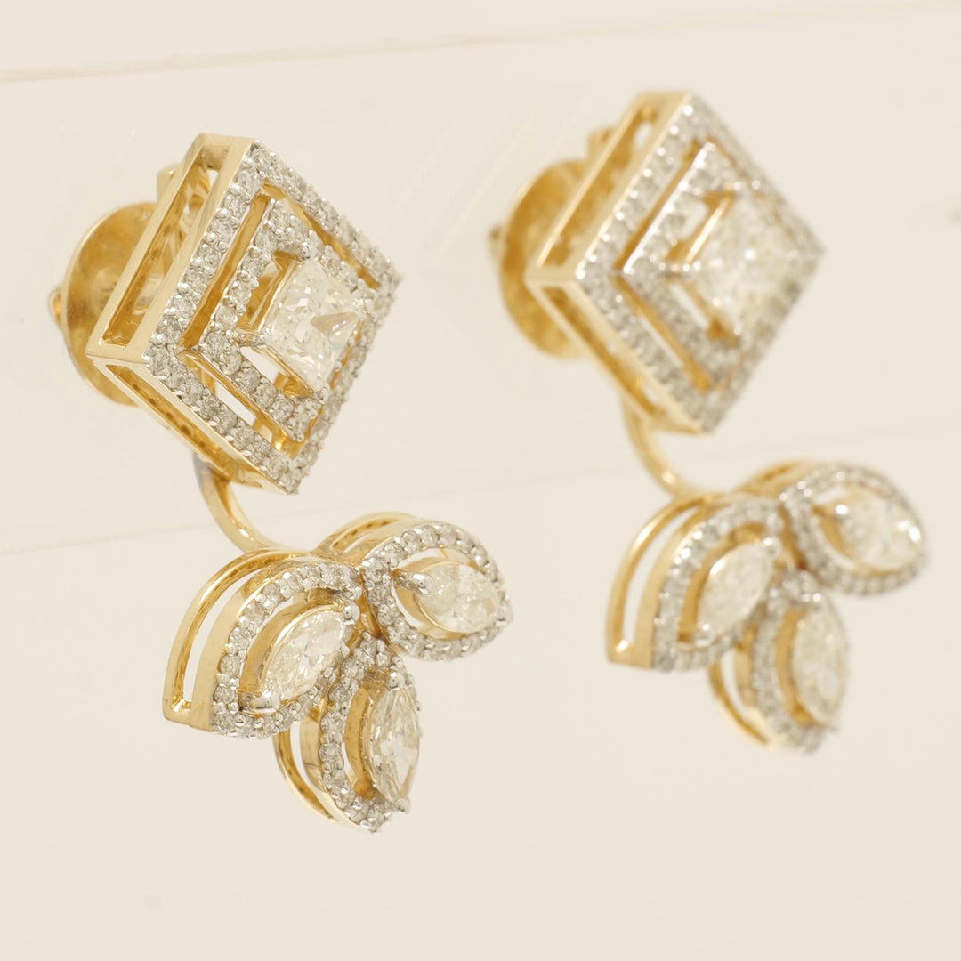 Geometric Leaf Halo Diamond Studs, 14k Solid Gold, Natural Diamonds, Princess Marquise Bridal Earrings, Statement Jewelry, Cocktail Studs