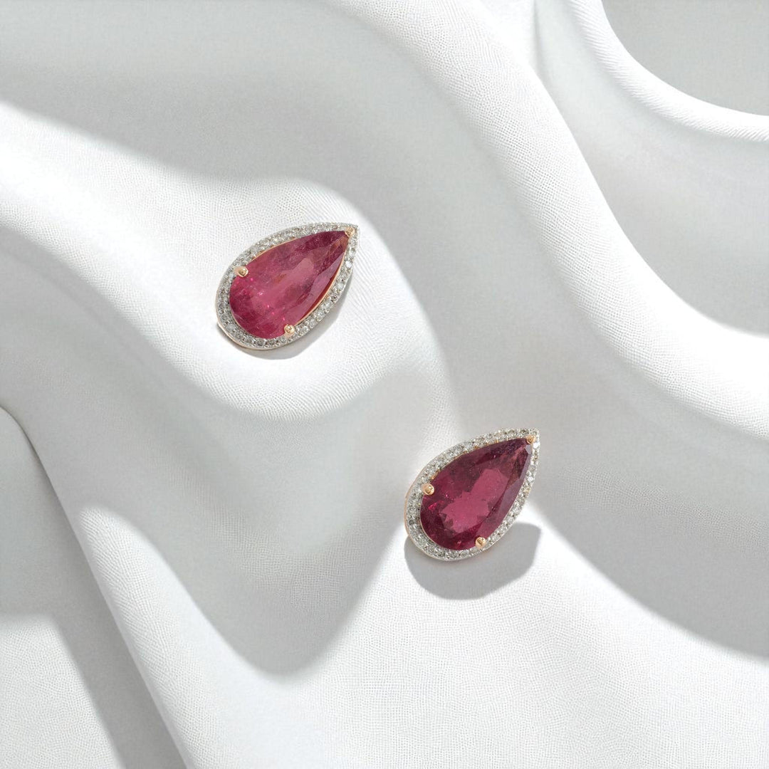 Pear Tourmaline Halo Diamond Stud Earrings, 14k solid Gold, Natural Diamonds, Tear Drop Gemstone Studs, Statement Everyday Jewelry
