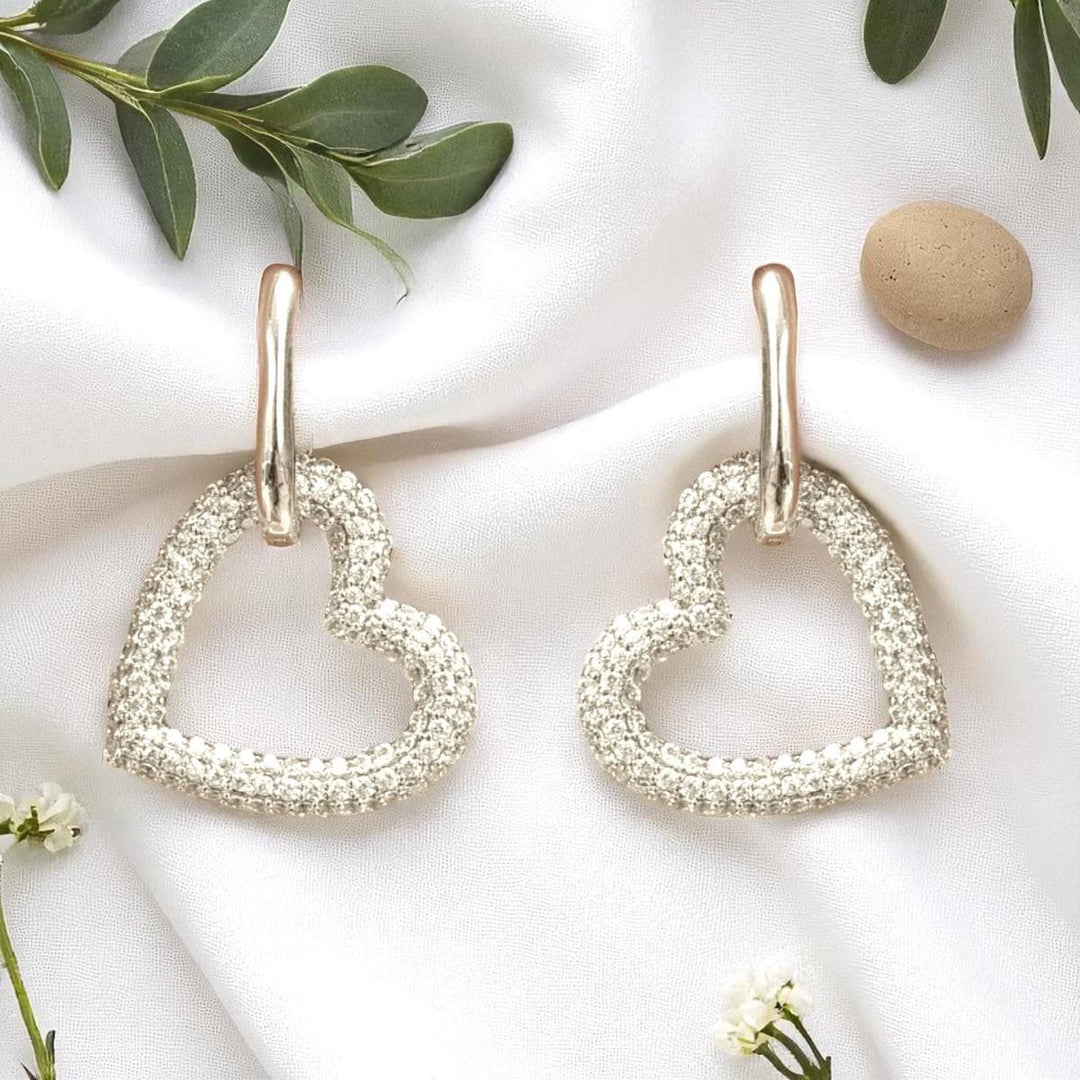 Open Heart Diamond Drop Earrings, 14k Solid Gold, Natural Diamonds, Huggie love Earrings, Cluster Pave Setting, Bridal Jewelry