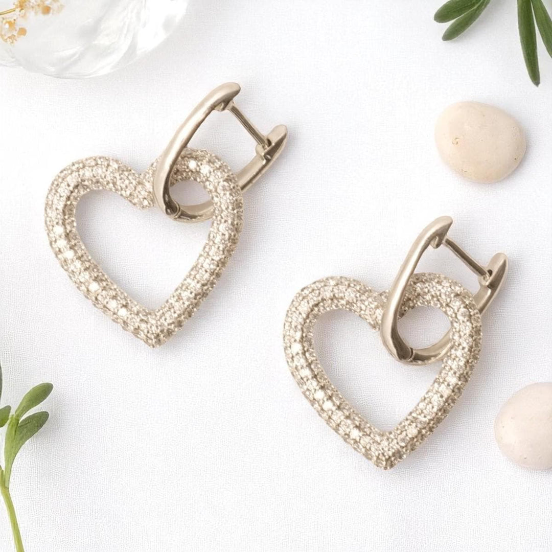 Open Heart Diamond Drop Earrings, 14k Solid Gold, Natural Diamonds, Huggie love Earrings, Cluster Pave Setting, Bridal Jewelry