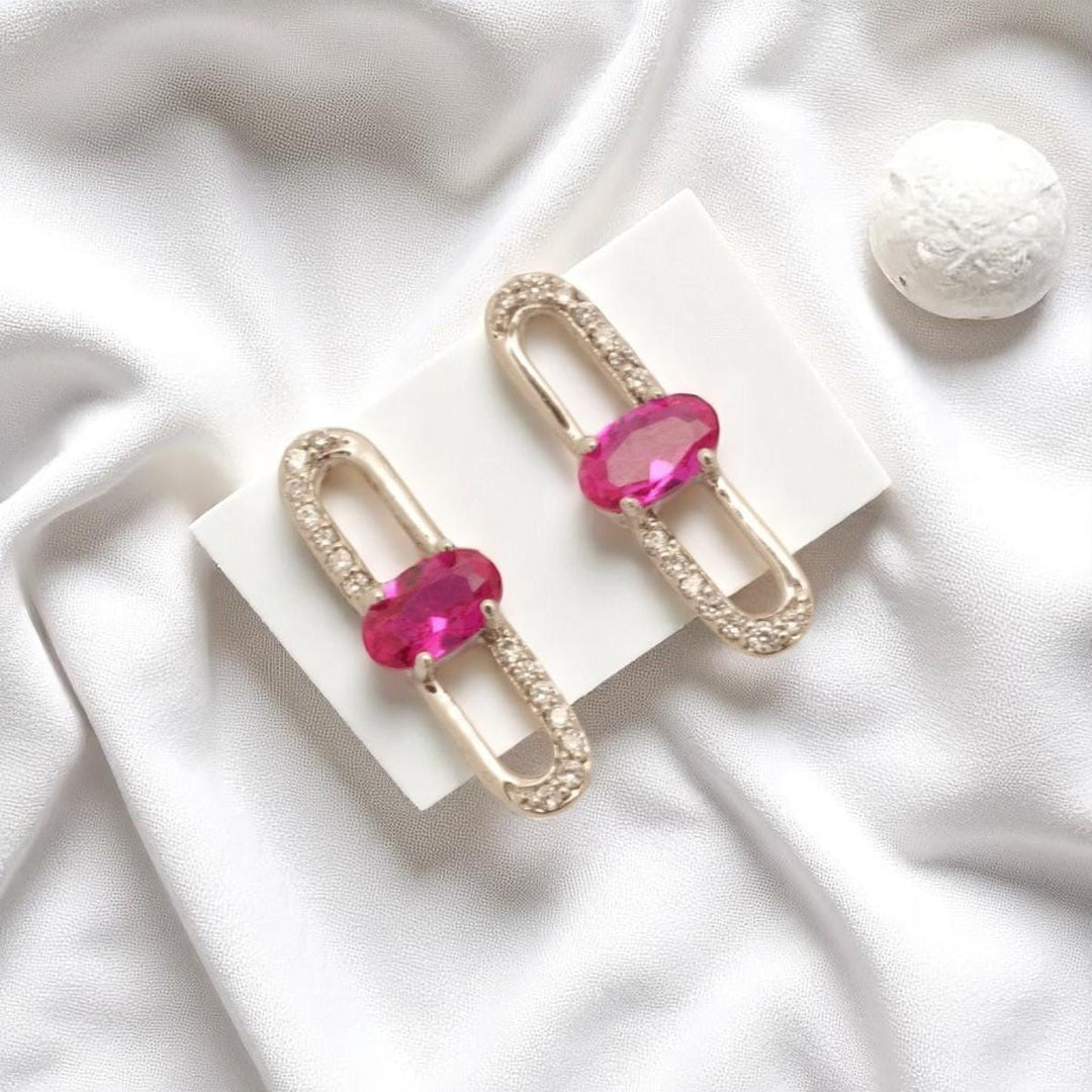 Paperclip Ruby Stud Earrings, 14k Solid Gold, Natural Diamonds, Lightweight Everyday Earrings, Link Gemstone Earrings