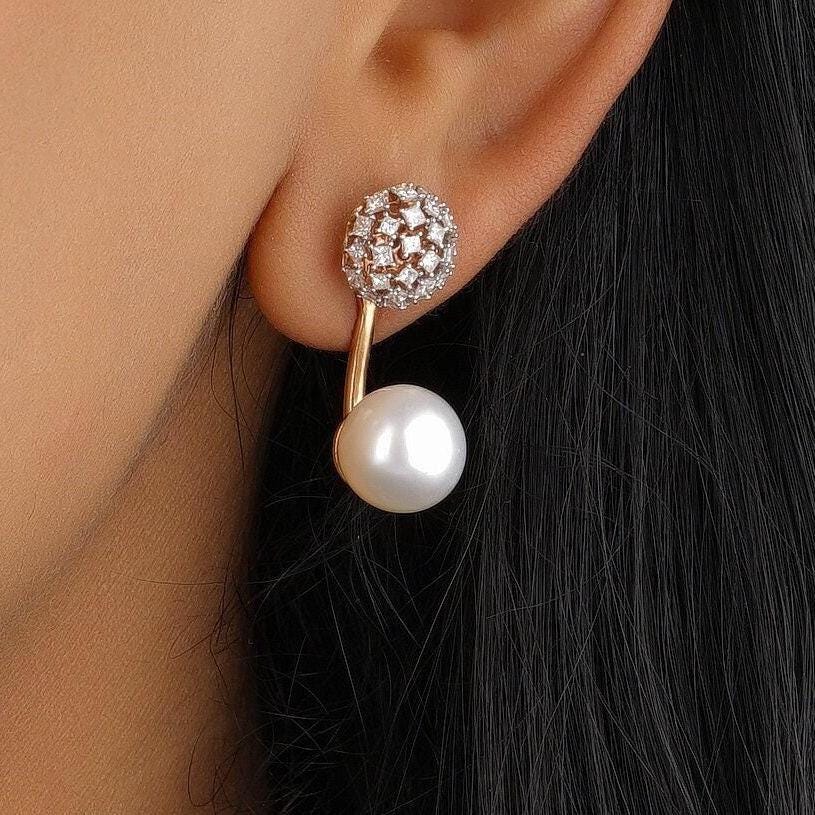Pearl Diamond Drop Stud Earrings, 14k Solid Gold, Natural Diamonds, Bridal Wedding Studs, Cluster Dome Jewelry,  Statement Earrings