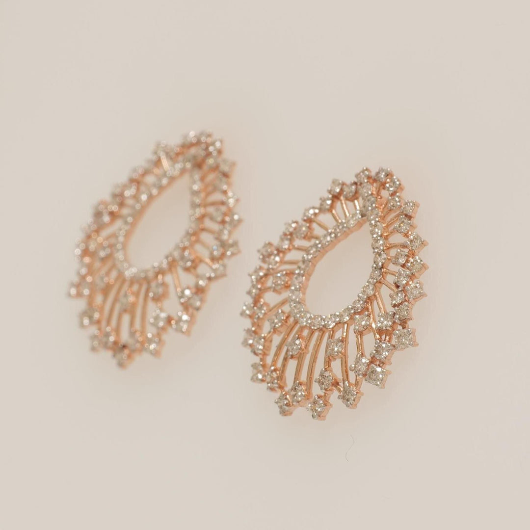 Peacock Feather Diamond Earrings, 14k Solid Gold, Natural Diamonds, Teardrop Sunburst Earrings, Cocktail Evening Jewelry, Statement Studs