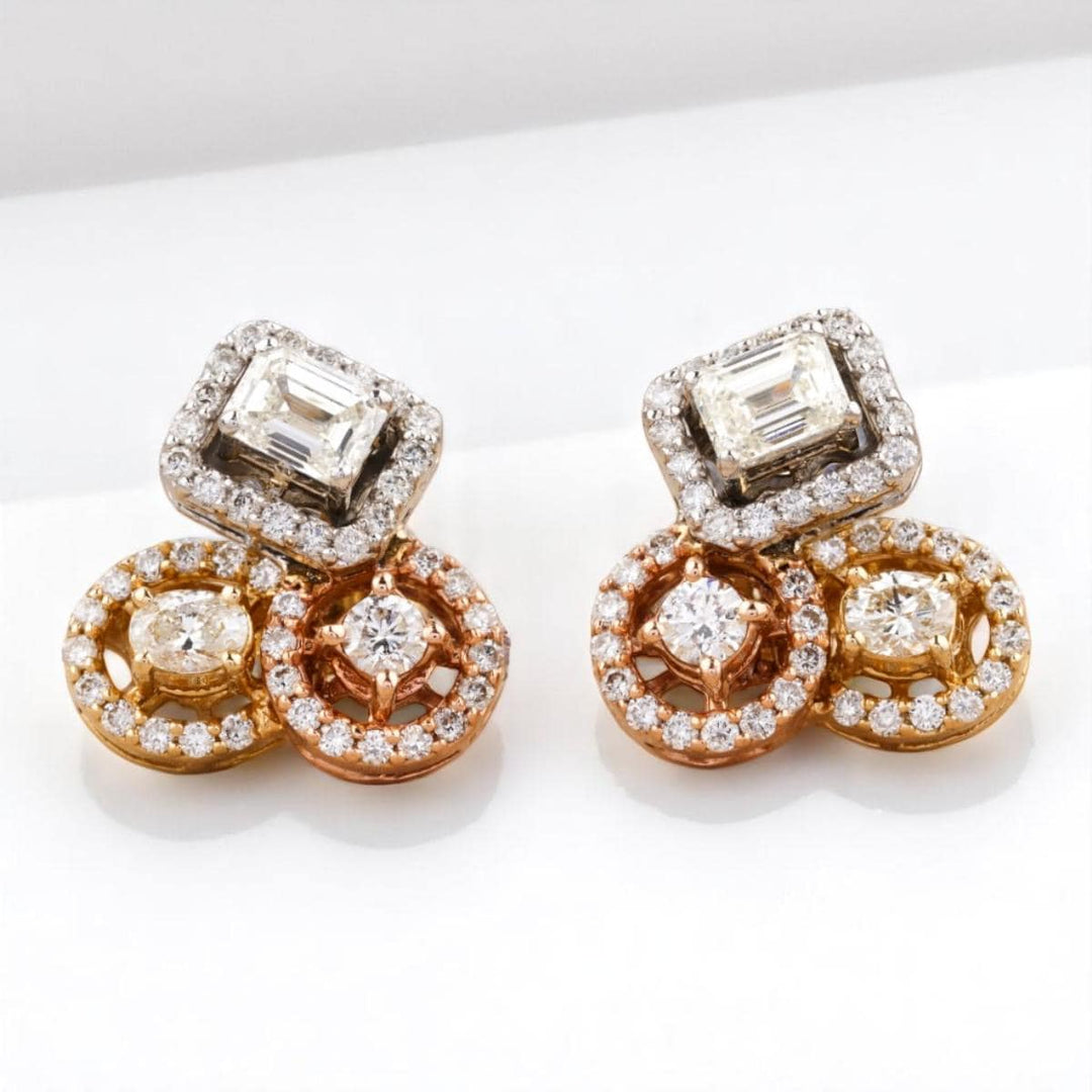 Halo Diamond Stud Earrings, Oval, Emerald & Round Natural Diamonds, 14K Solid Gold, Three Tone Statement Studs, Bridal Wedding Earrings