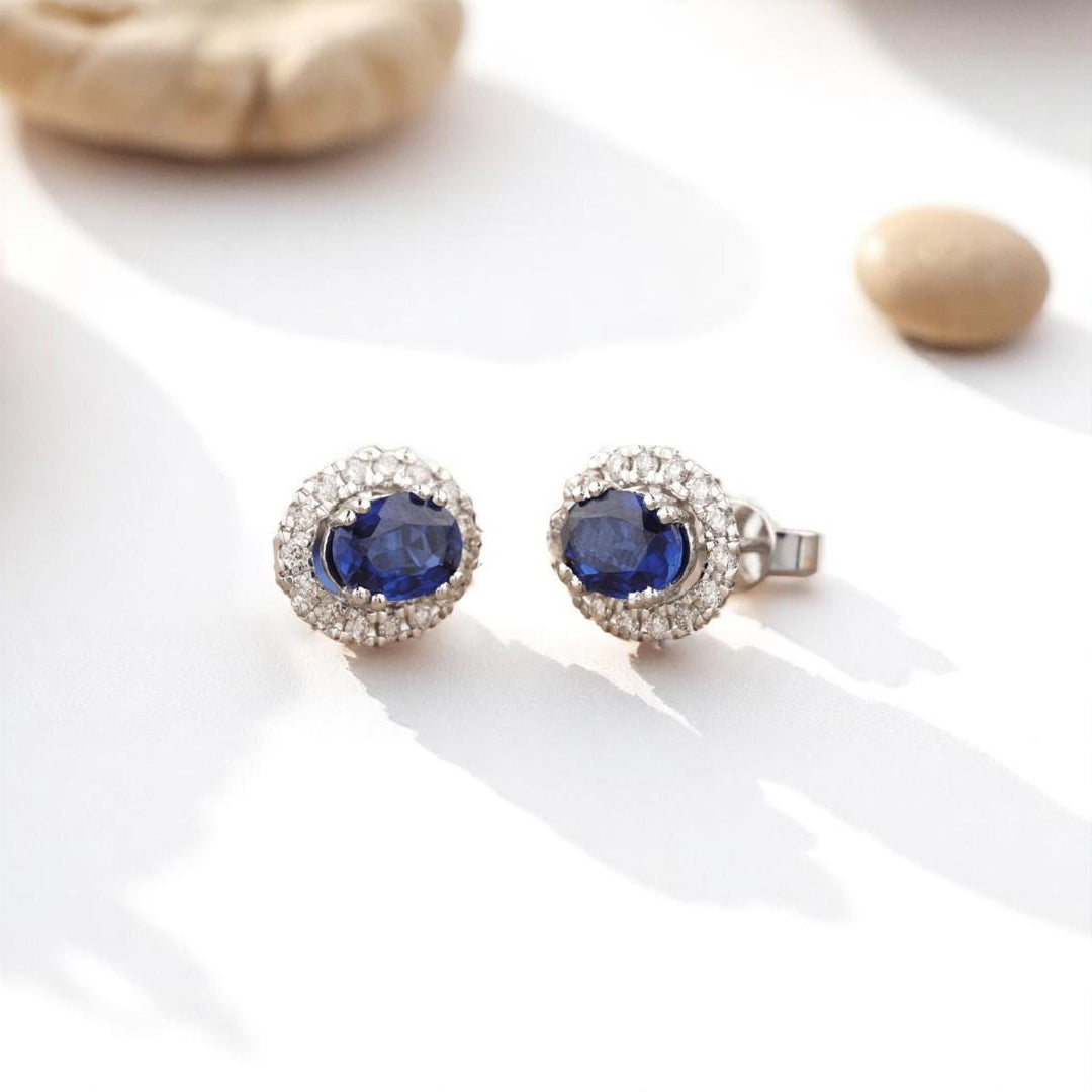 Oval Blue Sapphires Halo Diamond Earrings, 14K Solid Gold, Natural Diamonds, Gemstone Everyday Studs, Bridal Wedding Jewelry