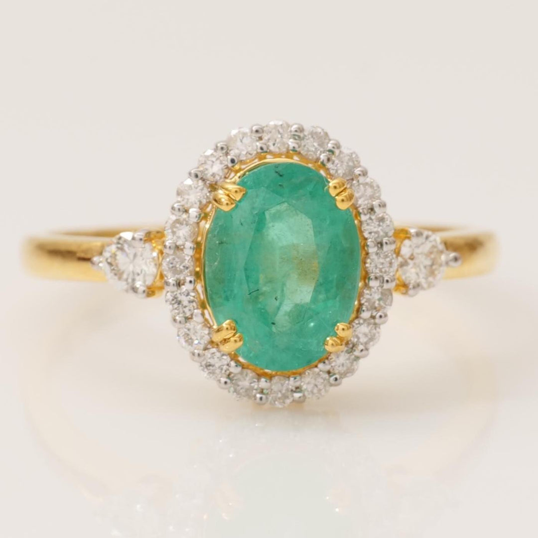 Oval Emerald Halo Diamond Ring, 14k Solid Gold, Natural Diamond, Statement Dual Tone Jewelry, Cocktail Ring, Engagement Wedding Ring