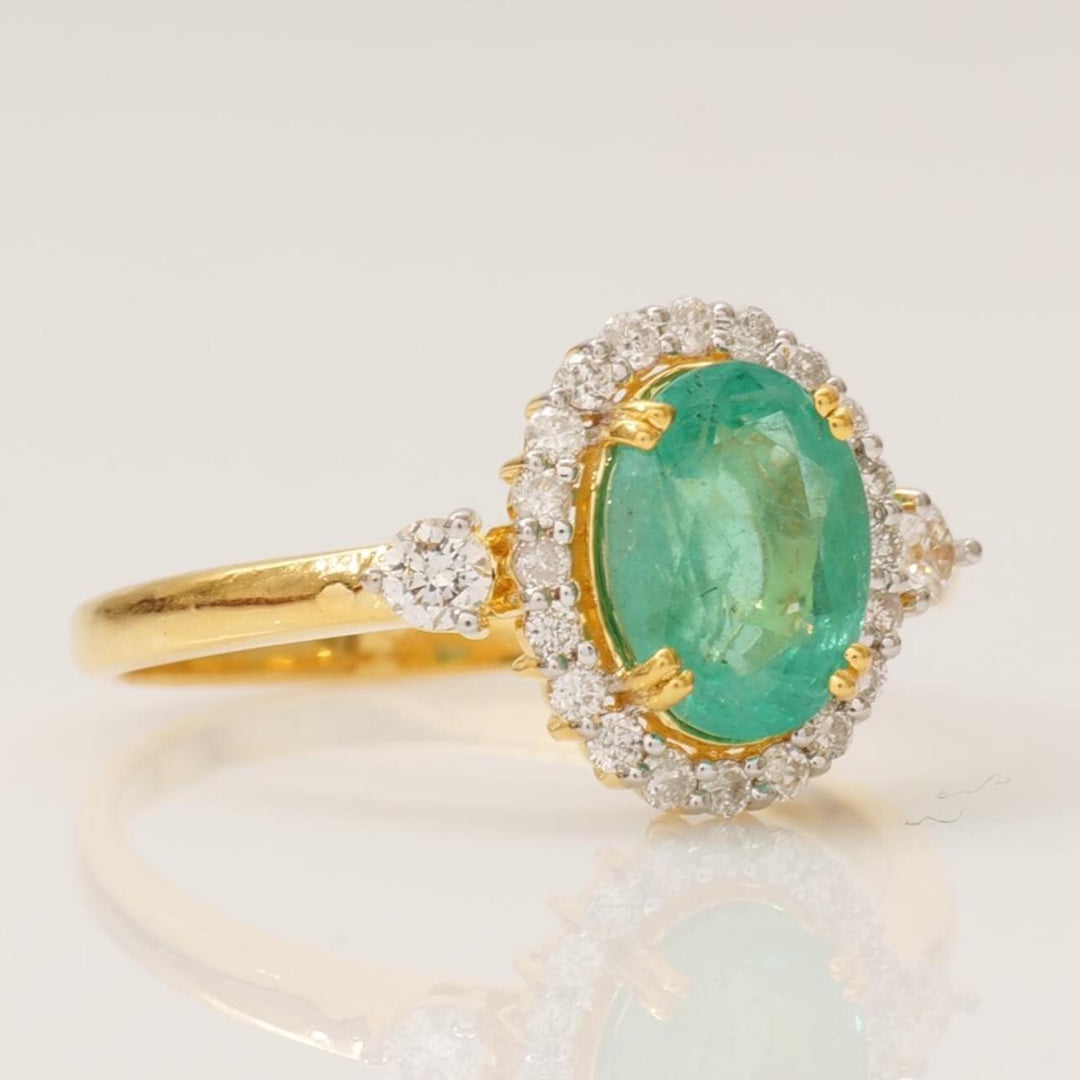 Oval Emerald Halo Diamond Ring, 14k Solid Gold, Natural Diamond, Statement Dual Tone Jewelry, Cocktail Ring, Engagement Wedding Ring