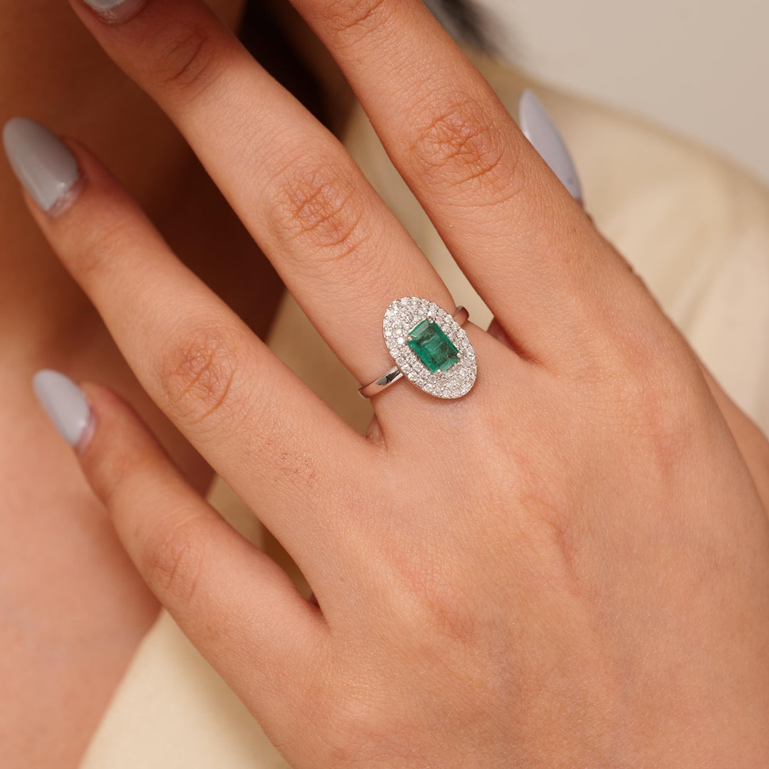 Emerald Cut Emerald Gemstone Diamond Ring, 14k Solid Gold, Natural Diamonds, Double Halo Statement Cocktail Jewelry, Engagement Wedding Ring