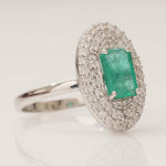 Load image into Gallery viewer, Emerald Cut Emerald Gemstone Diamond Ring, 14k Solid Gold, Natural Diamonds, Double Halo Statement Cocktail Jewelry, Engagement Wedding Ring
