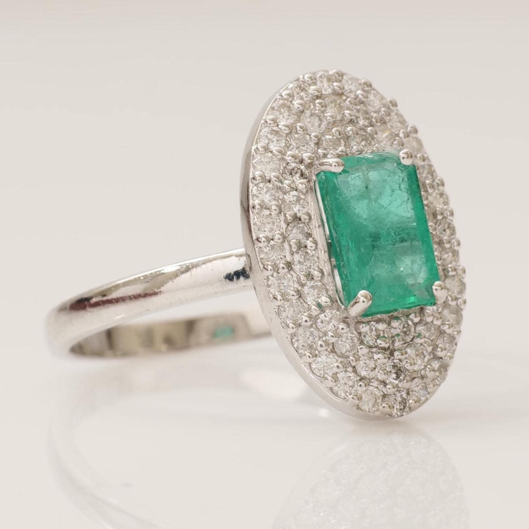 Emerald Cut Emerald Gemstone Diamond Ring, 14k Solid Gold, Natural Diamonds, Double Halo Statement Cocktail Jewelry, Engagement Wedding Ring