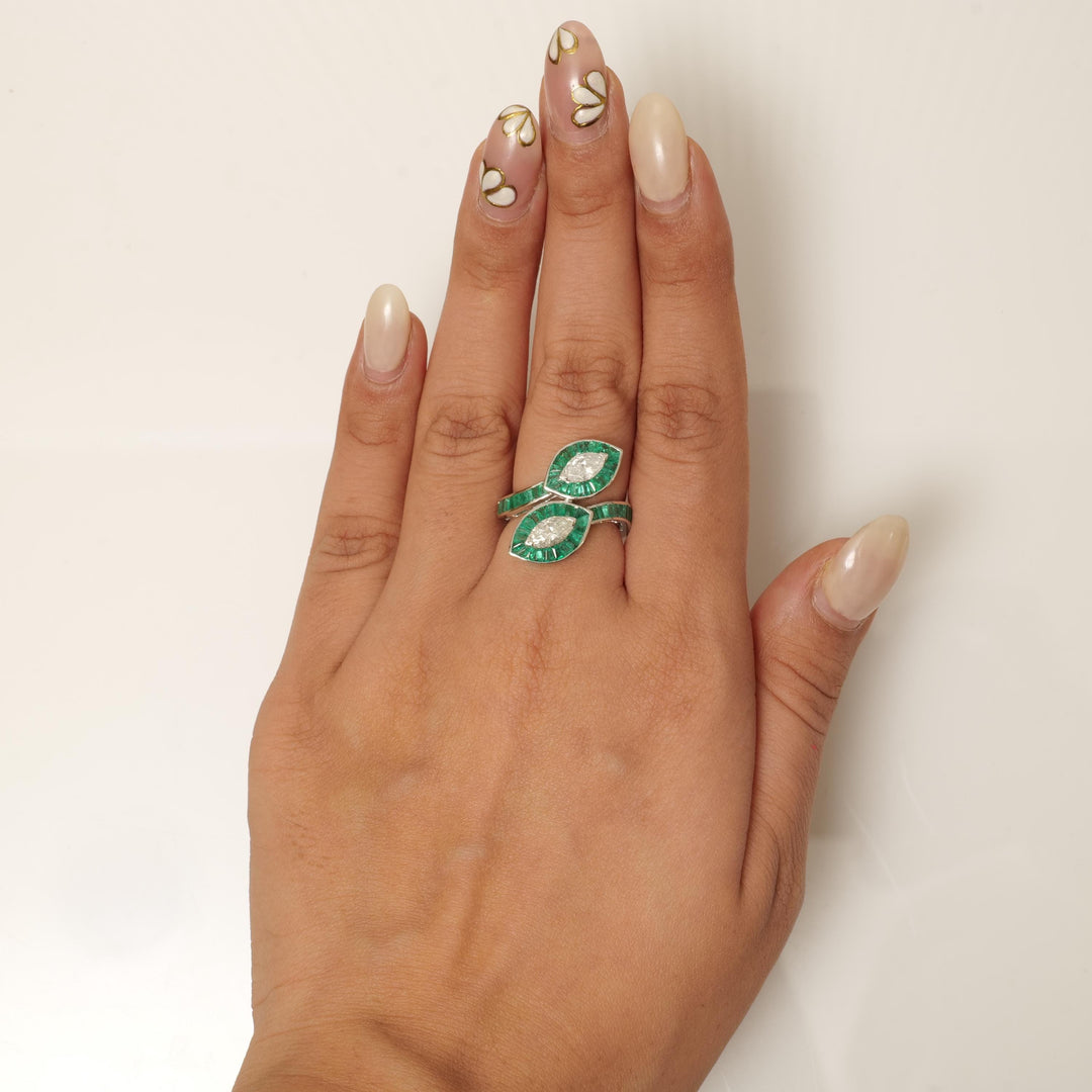 Baguette Cut Emerald Halo Diamond Ring, 14k Solid Gold, Natural Diamond, Statement Jewelry, Cocktail Ring, Bypass Leaf Ring, Open Wrap Ring