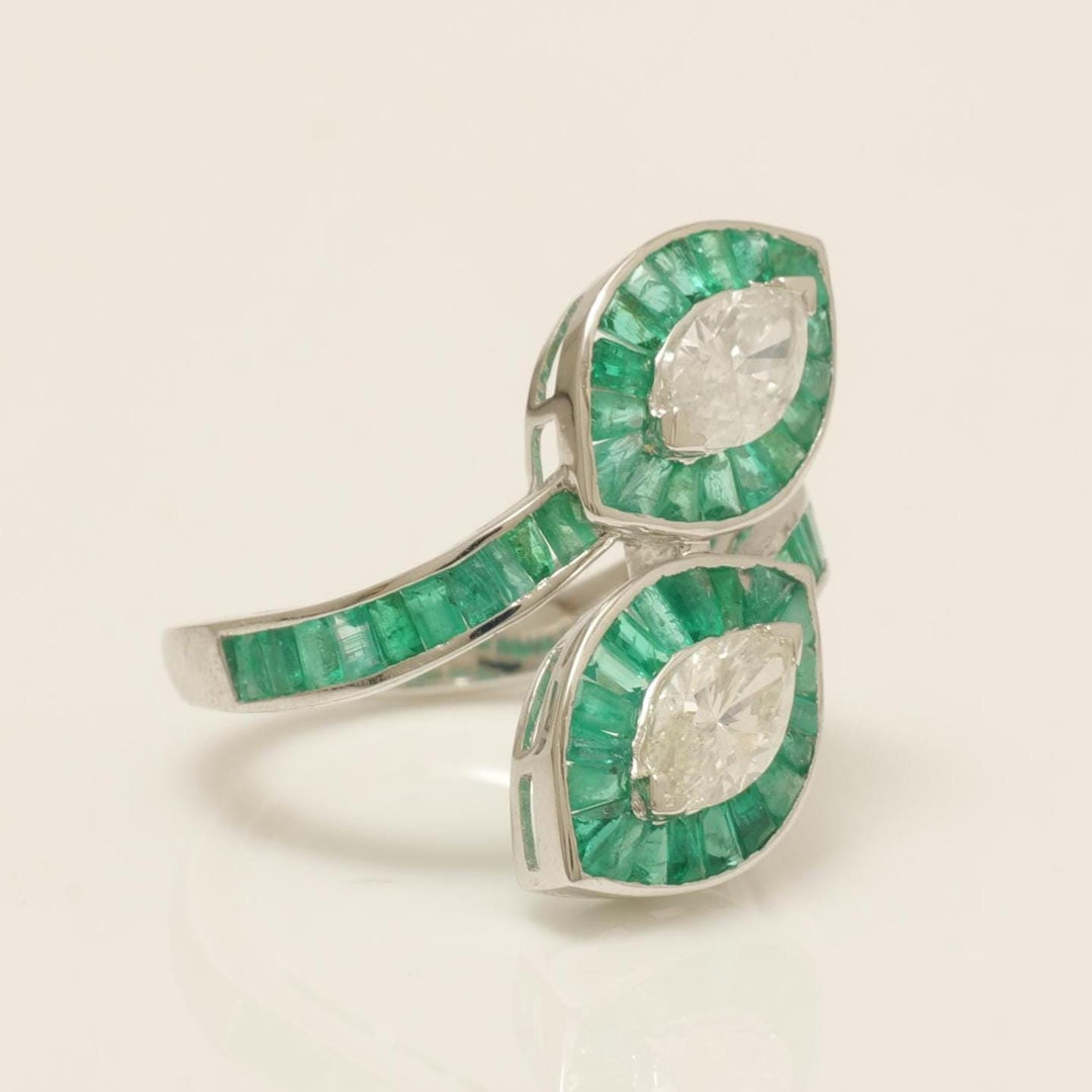 Baguette Cut Emerald Halo Diamond Ring, 14k Solid Gold, Natural Diamond, Statement Jewelry, Cocktail Ring, Bypass Leaf Ring, Open Wrap Ring