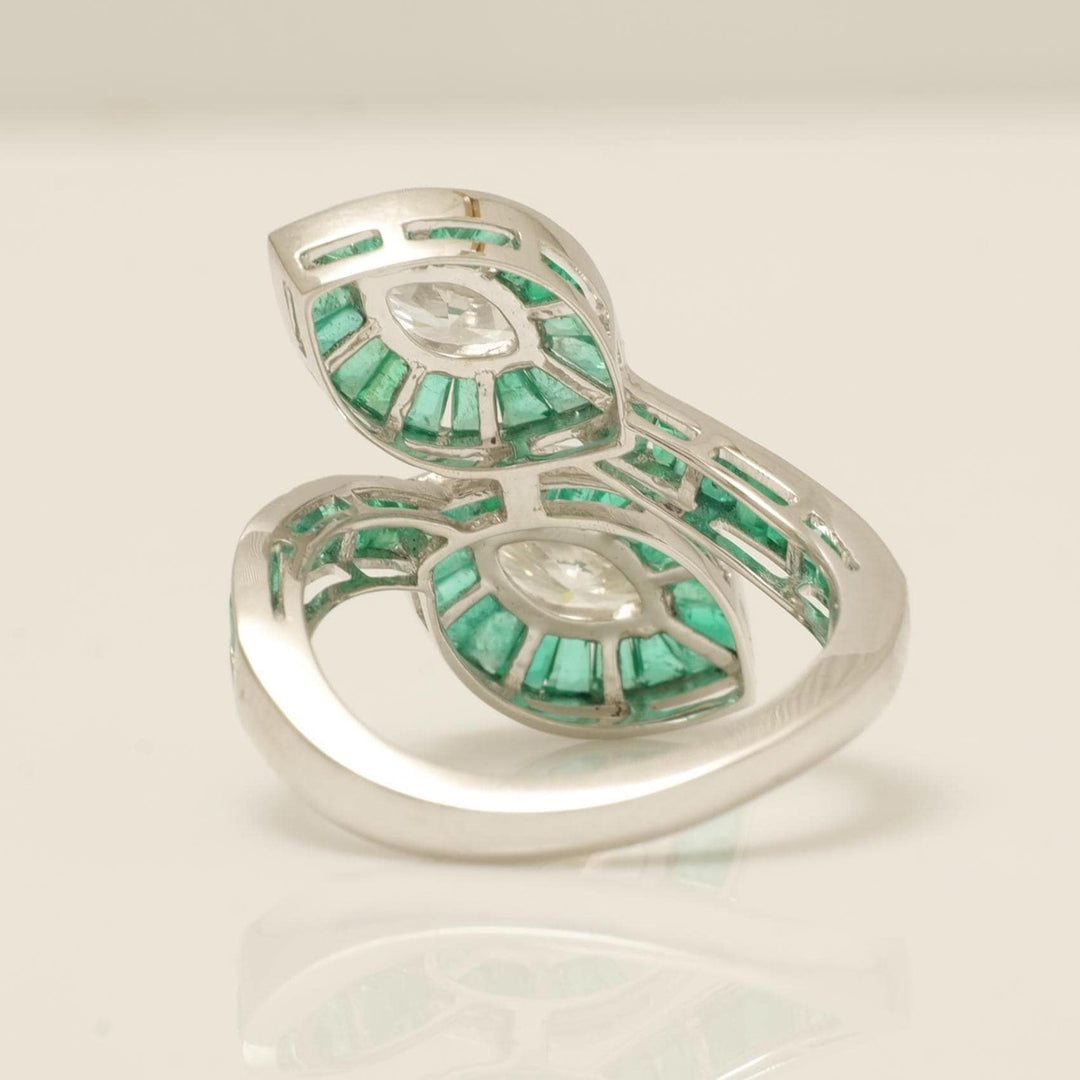 Baguette Cut Emerald Halo Diamond Ring, 14k Solid Gold, Natural Diamond, Statement Jewelry, Cocktail Ring, Bypass Leaf Ring, Open Wrap Ring