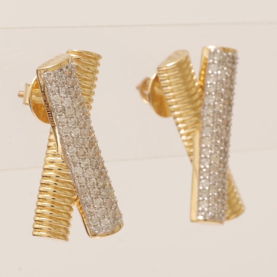 X Bar Diamond Stud Earrings, 14k Solid Gold, Natural Diamonds, Cluster Statement Jewelry, Everyday Minimalistic Studs, Ribbed Two Toned Bars