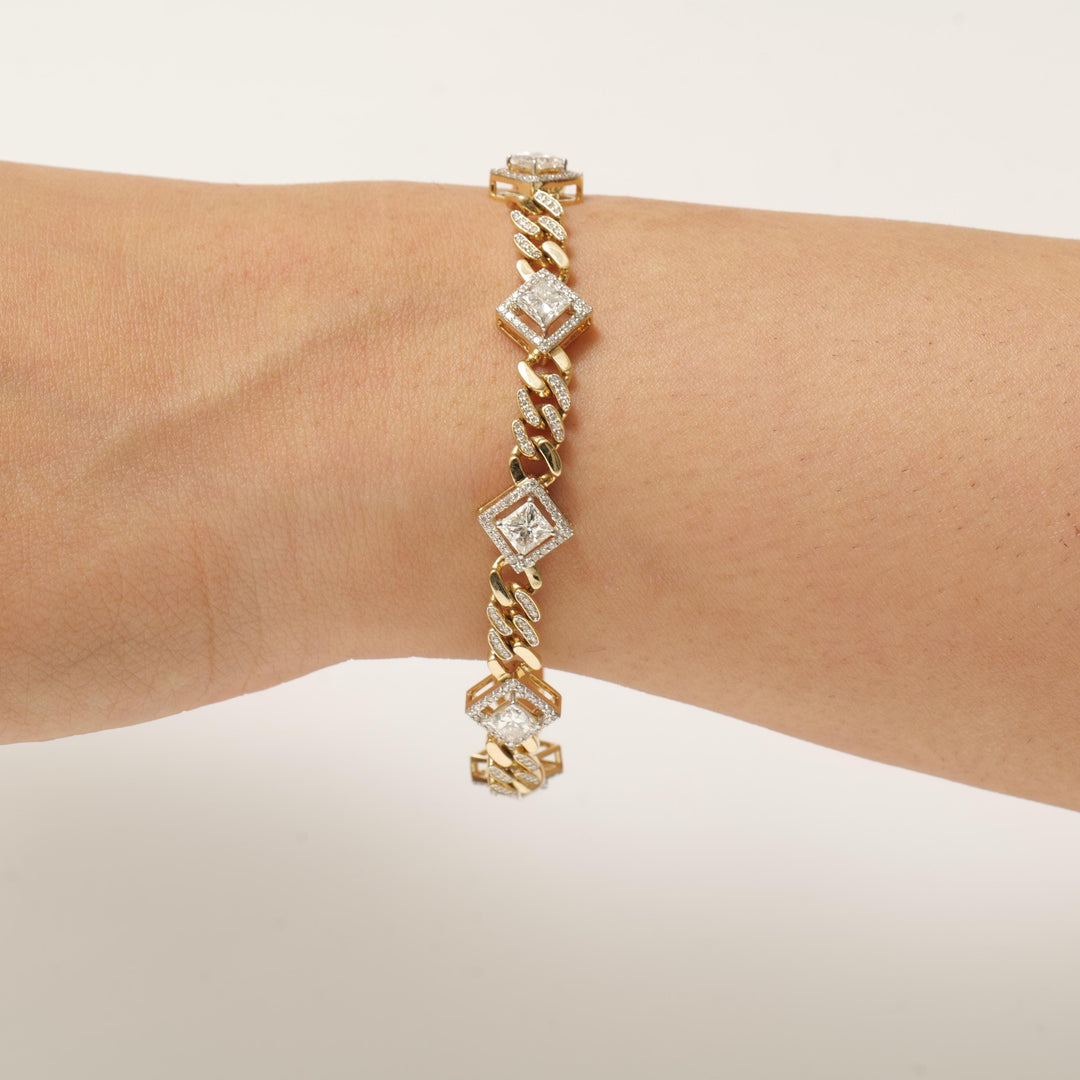 Square Halo Natural Diamond Wedding Tennis Bracelet: 14k Solid Gold Two Tone Cuban Link Chain Jewellery, Certified Jewelry