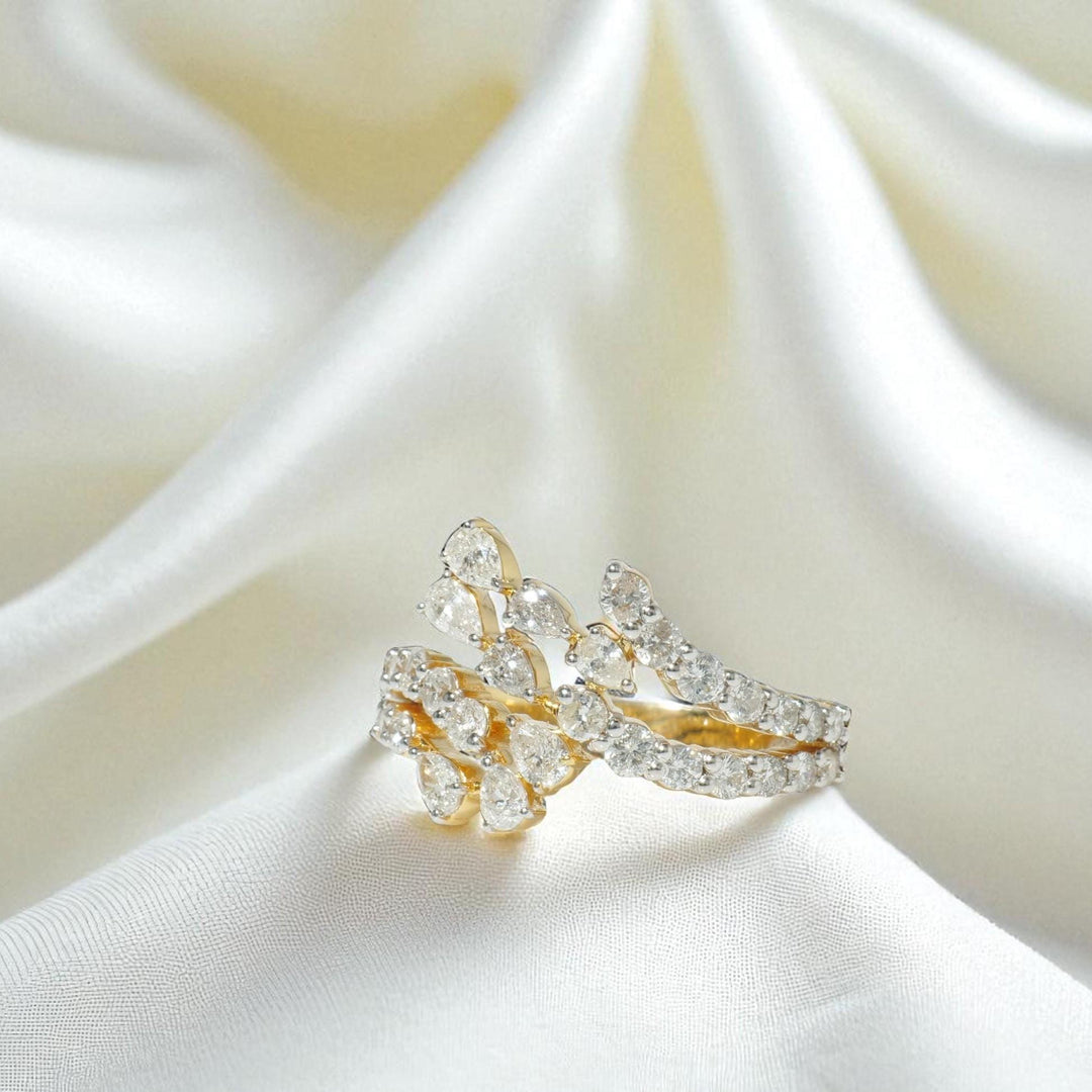 Leaf Branch Diamond Ring, 14k Solid Gold, Natural Diamonds, Cluster Bypass Jewelry, Statement Cocktail Jewelry, Wrap Bridal Wedding Ring