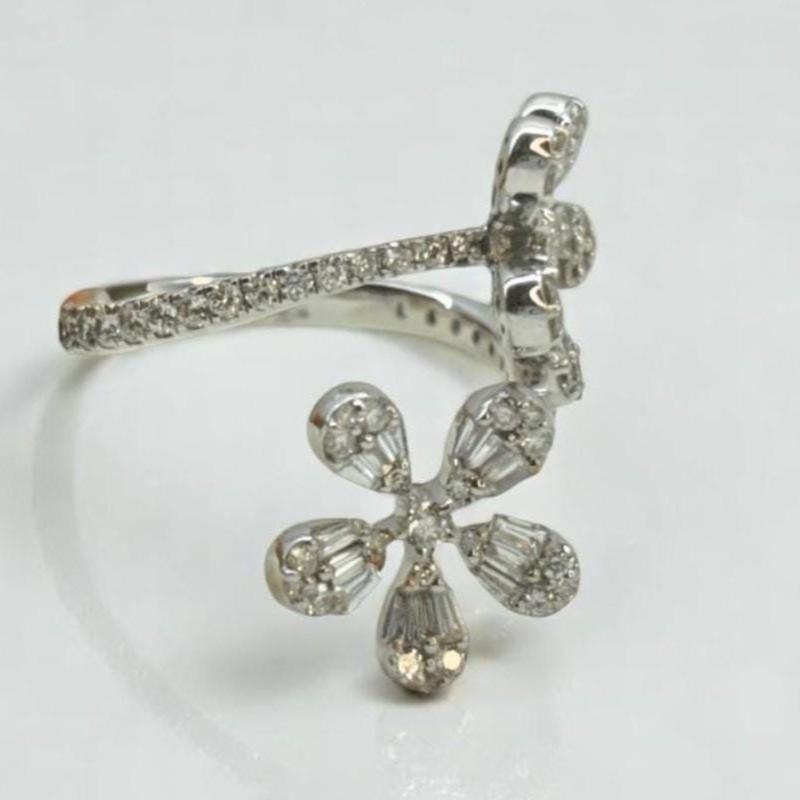 Floral Natural Diamond Bypass Ring: 14k Solid Gold Baguette Flowers Open Ring, Certified Jewelry