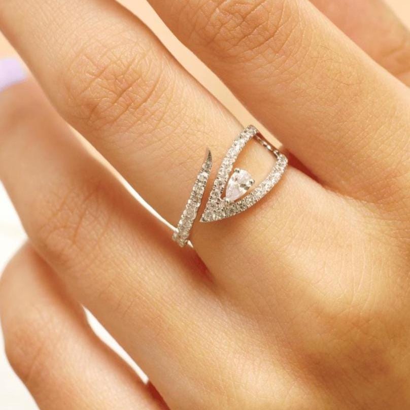 Leaf Pear Diamond Wrap Ring, 14k Solid Gold, Statement Open Band Ring, Natural Diamonds, Everyday Jewelry, Bypass Band Ring, Gift For Her