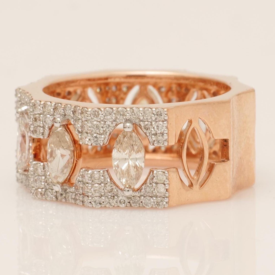 Marquise Diamond Broad Band Ring, 14k Solid Gold, Halo Half Eternity Statement Band, Natural Diamonds, Wide Stacking Ring, Gift For Her